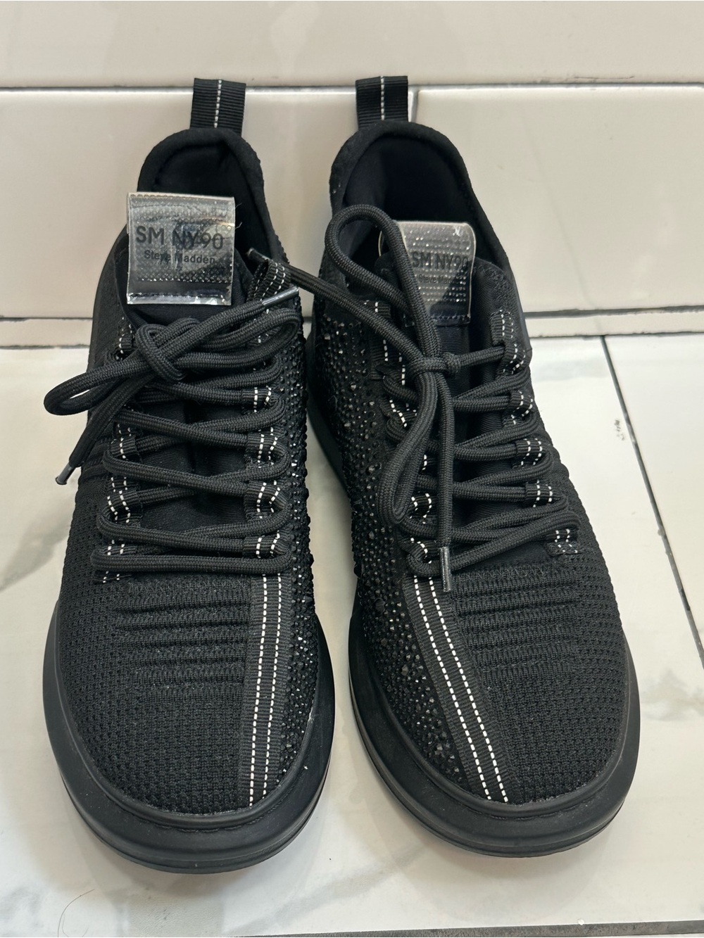 Steve Madden Glorify Black Rhinestone Sneakers SM NY90 Platform Shoes